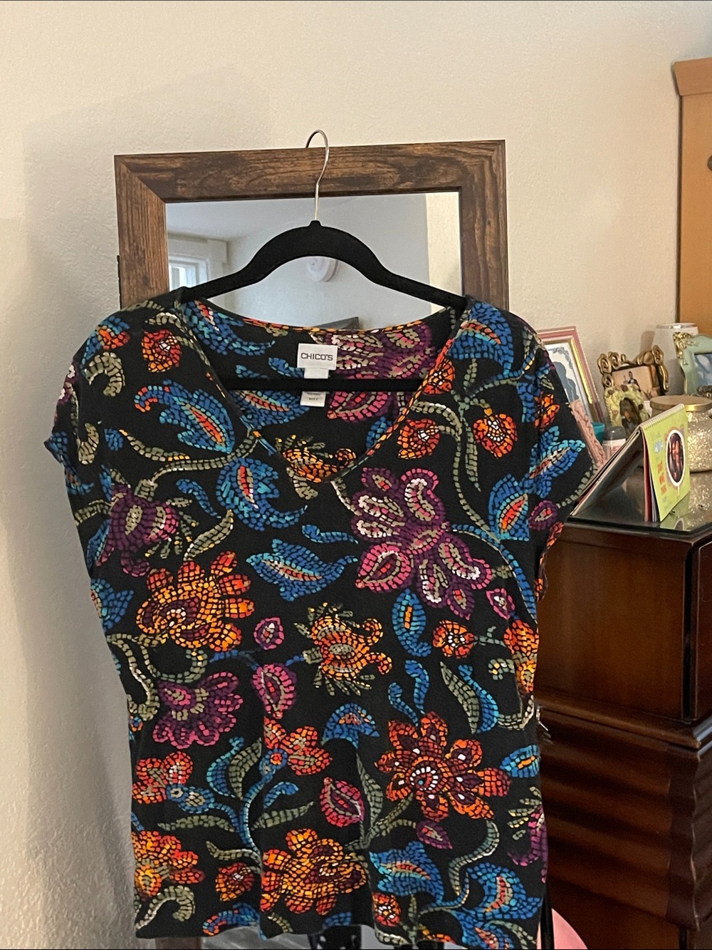 Chico's Black Short Sleeve Top with Multicolor Floral Mosaic
